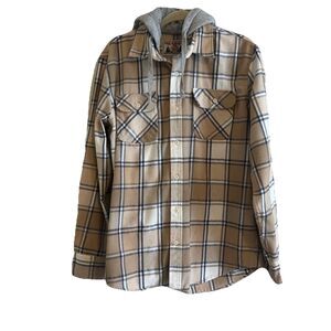 Free Planet Shacket Men’s L Beige Blue Plaid Button Up Hoodie 100% Cotton Heavy
